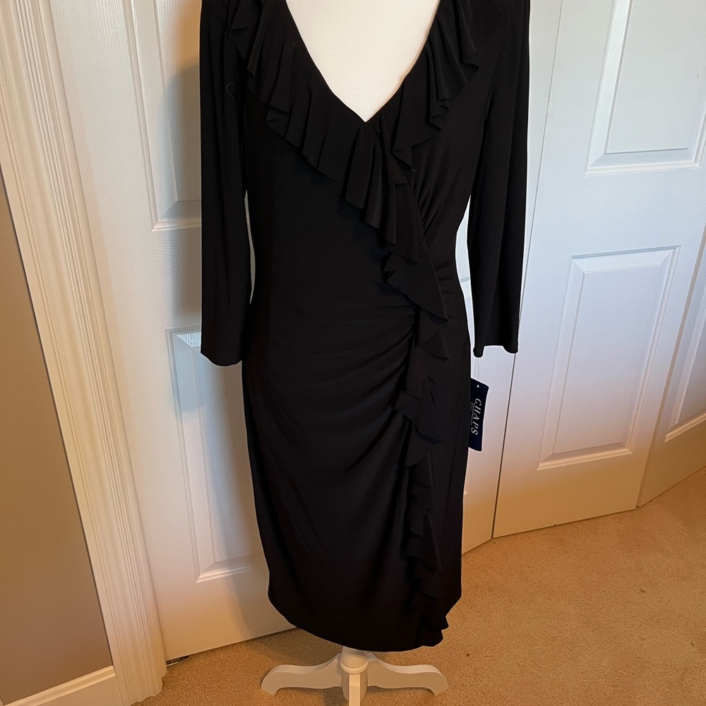 Chaps Black Ruched Wrap Dress Long Sleeve V-Neck